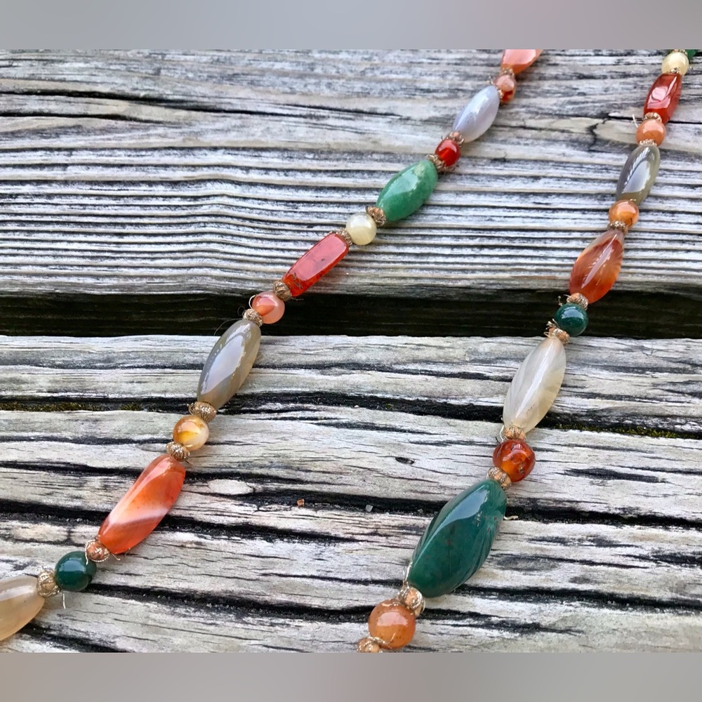 Vintage 70s Long Polished Stone Necklace Nice Quality Natural Earth Tones - Picture 3 of 6